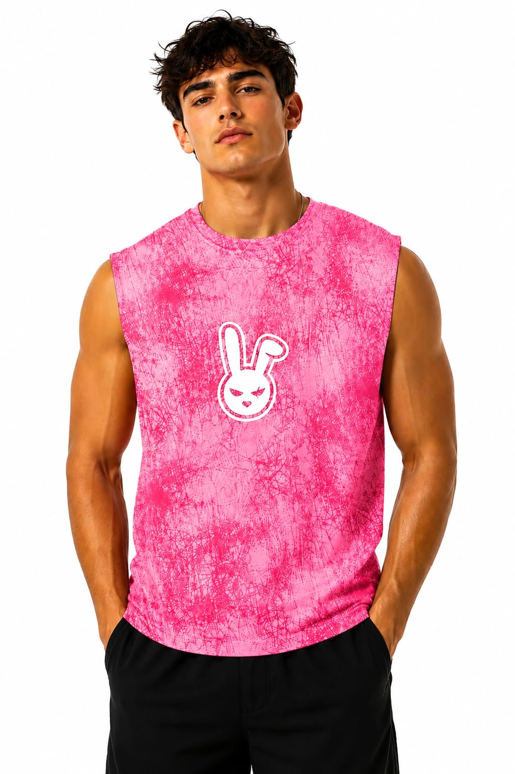 Men's Graphic Tank Top, Rabbit and Leopard Print, Pink, Sleeveless, Lightweight, Breathable, for Gym, Beach, and Casual Wear