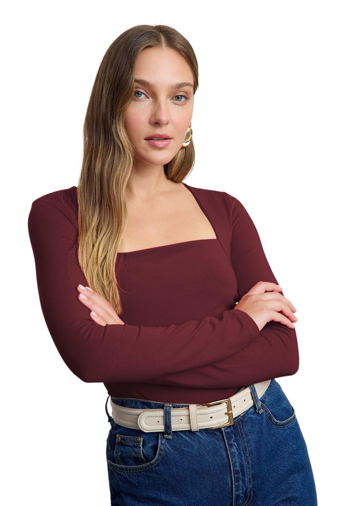 Trendyol Womens Dark Burgundy Square Neck - Draped Detail Body-Fitting Blouse Twoaw25Bz00194 Blouse
