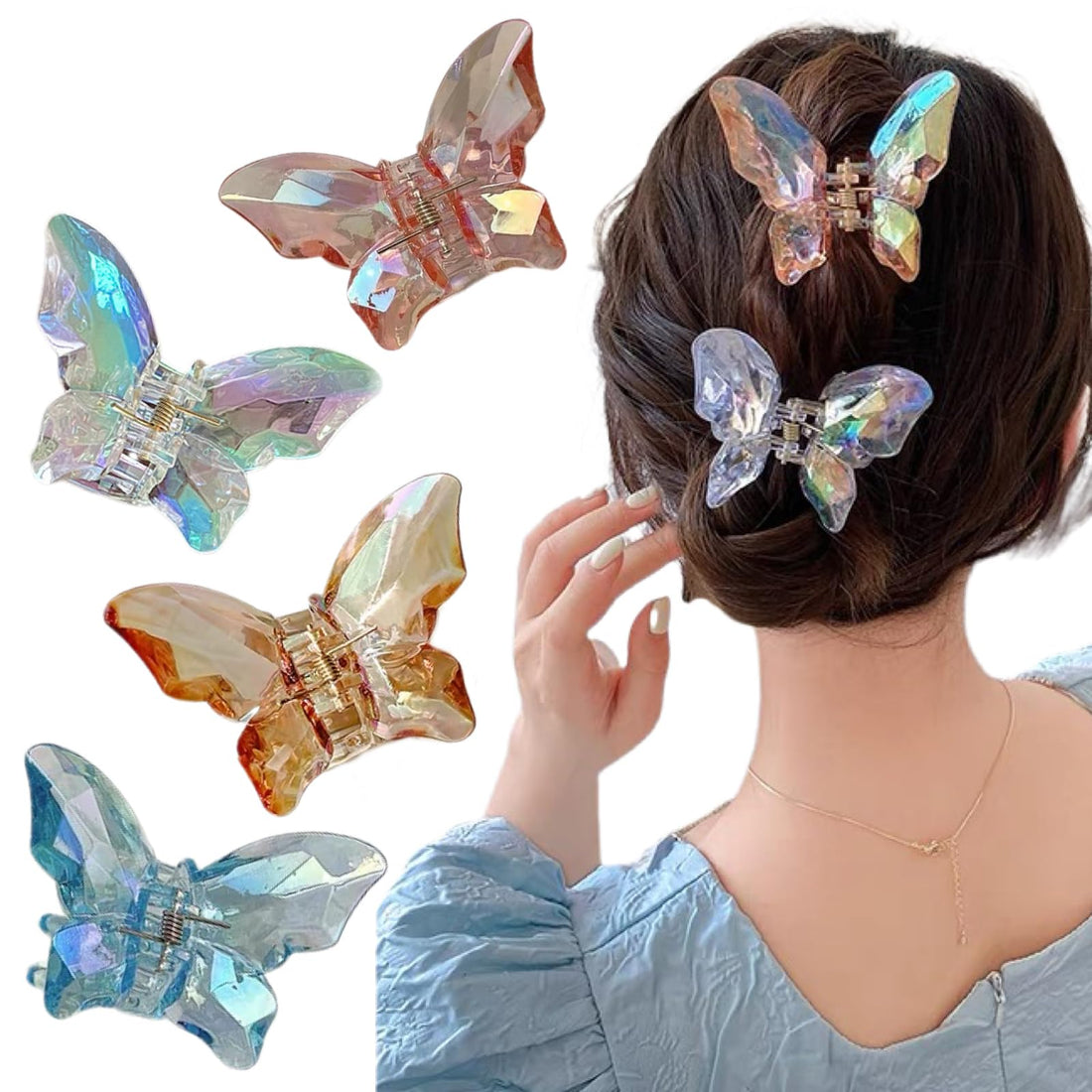 Hair Claw Butterfly Transparent Glitter Hair Clips Women's Set Medium Acrylic Butterfly Hair Clips for Women and Girls (Pack of 4)