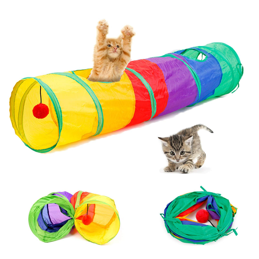 Cat Tunnel with Play Ball, Foldable Rainbow S-Tunnel for Indoor Cat, Interactive Peek-a-Boo Cat Chute Cat Tube Toy with Fun Ball and 2 Peek Hole, for Kittens Puppies Rabbits and Other Small Pets