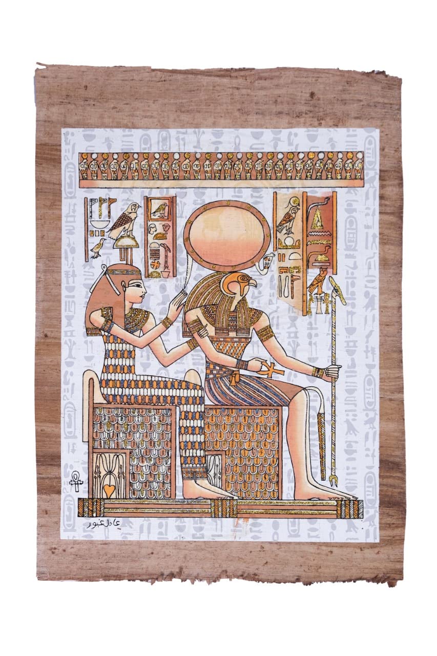 Egyptian papyrus 20 * 30 cm Glow in the dark of God Ra Harakhti with Queen Cleopatra - ancient Egyptian Scene with Key of Life- Egyptian Ankh Glow in the dark image. Made in Egypt