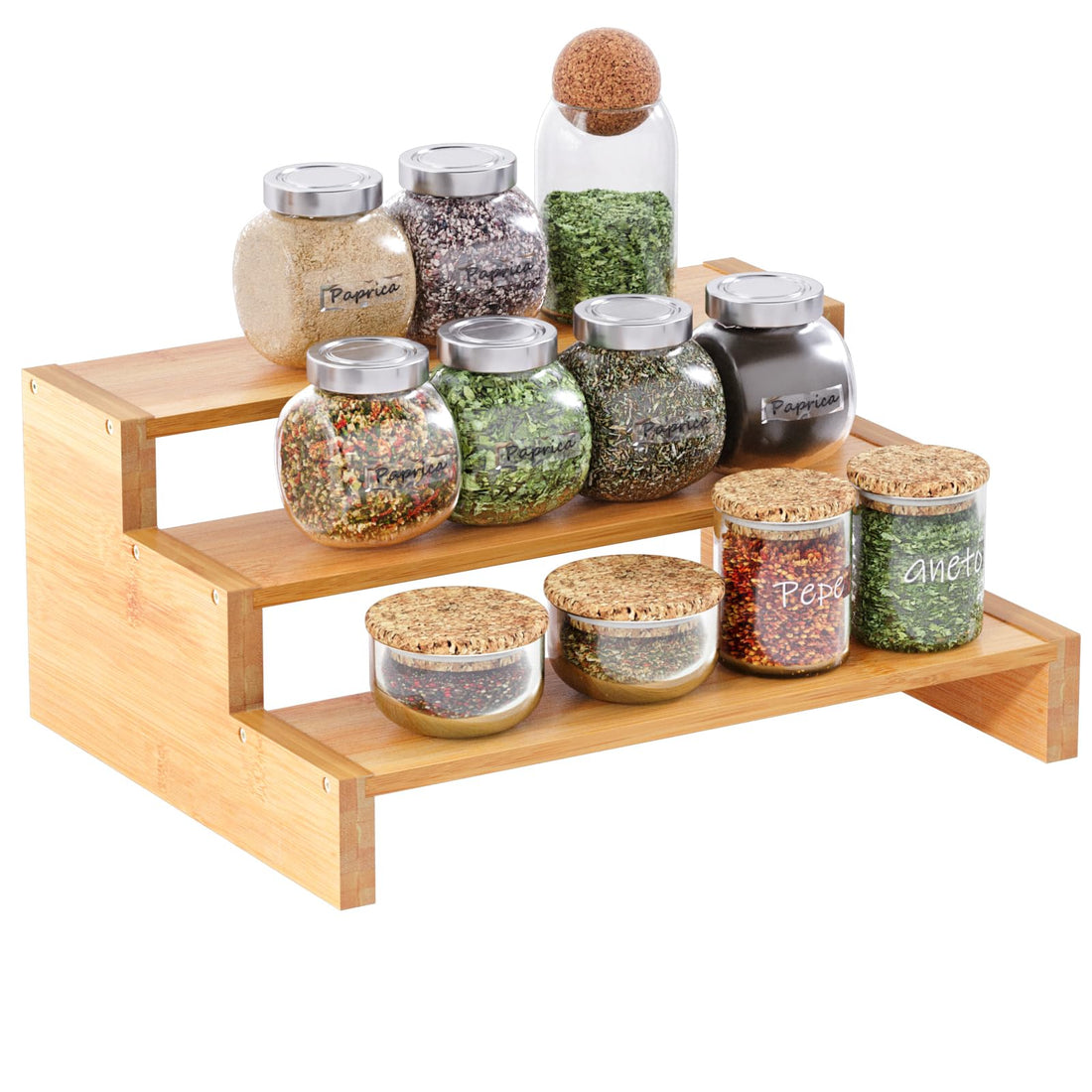 VERTORGAN Spice Rack,3 Tier Bamboo Cabinet Organizer for Countertop,Seasoning Organizer and Storage Step Shelf for Kitchen and Pantry,Display Riser Stand