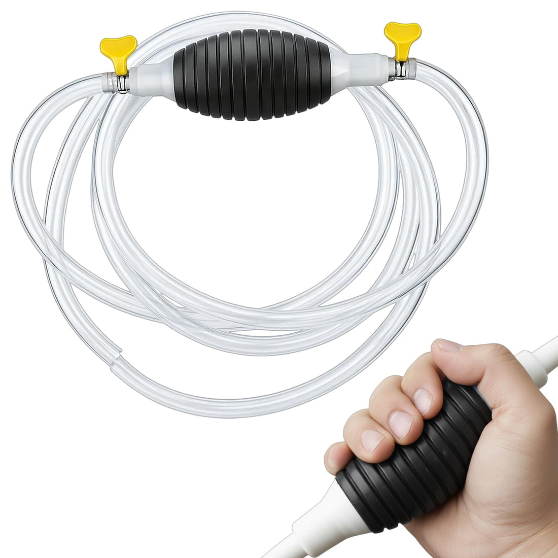 Syphon Pump Kit, 2m Hand Water Pump for Fuel Transfer and Fish Tank Maintenance, Durable Siphon Pump Kit with Stainless Steel Clips, Portable Stick Pump for Liquid Transfer