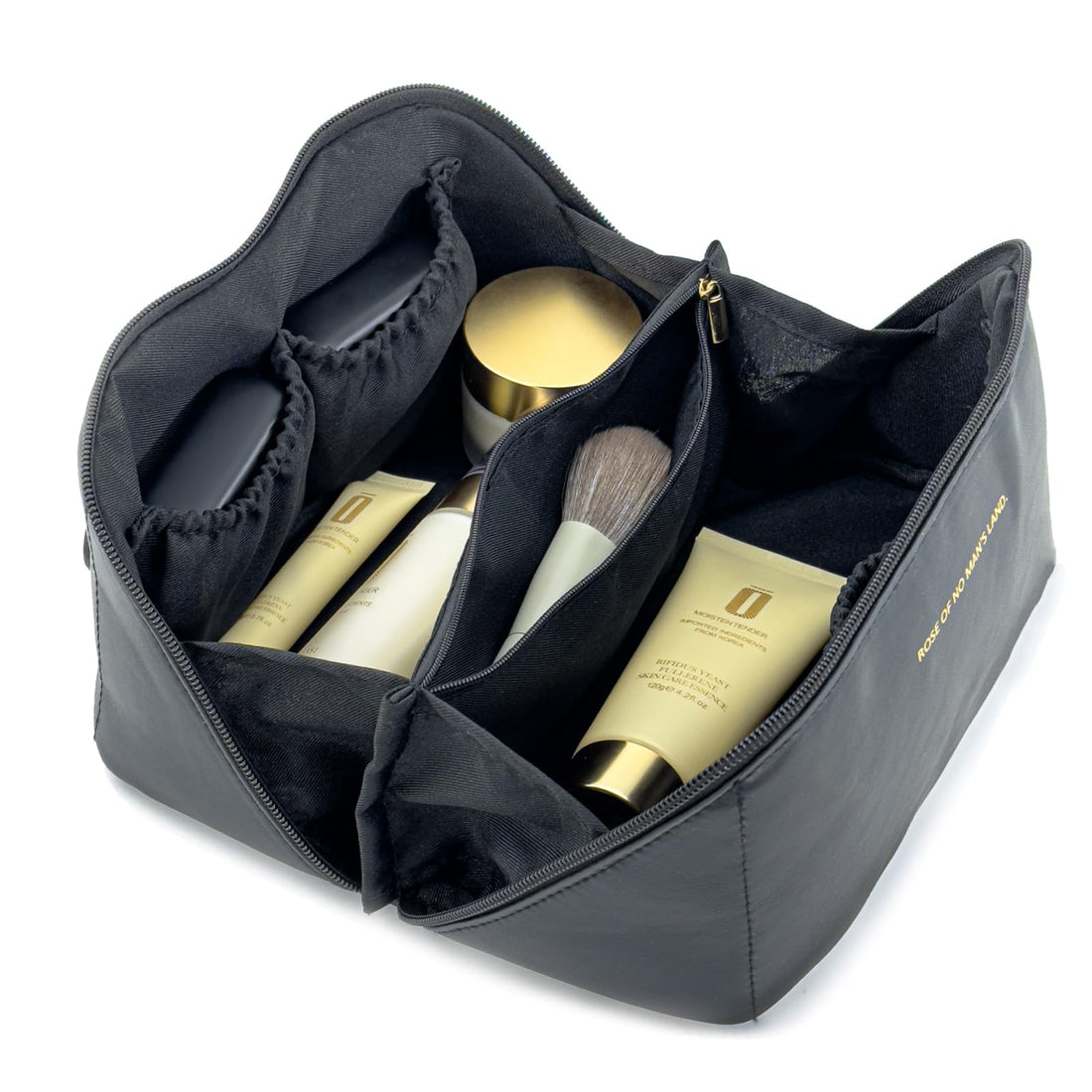 SLIFOUE Large Capacity Travel Cosmetic Bag,Makeup Bag,Waterproof Portable Leather Makeup Organizer Bag with Dividers and Handle (Black)