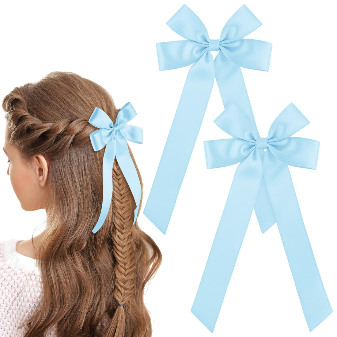 WLLHYF 2PCS Silky Satin Hair Bows Hair Clip French Hair Ribbon Ponytail Holder Metal Slides Barrette Alligator Clips Big Long-tail Aesthetic Hair Accessories for Women Girls(Blue)