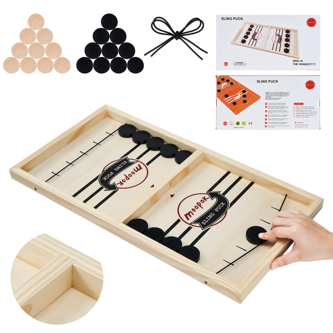 moopok Fast Sling Puck Game,Wooden Hockey Game Sling Puck.Desktop Battle Wooden Sling Hockey Table Game,Adults and Kids Family Games.Slingshot Game Toys.Foosball Winner Board Game (Large)