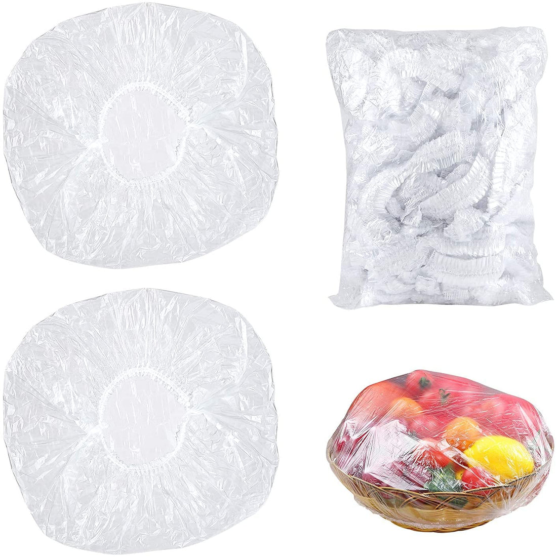 KASTWAVE 200 Reusable Elastic Food Storage Covers, Plastic Bowl Covers with Elastic Edging, Stretchable Plastic Food Wraps, Elastic Covers for Storage Containers