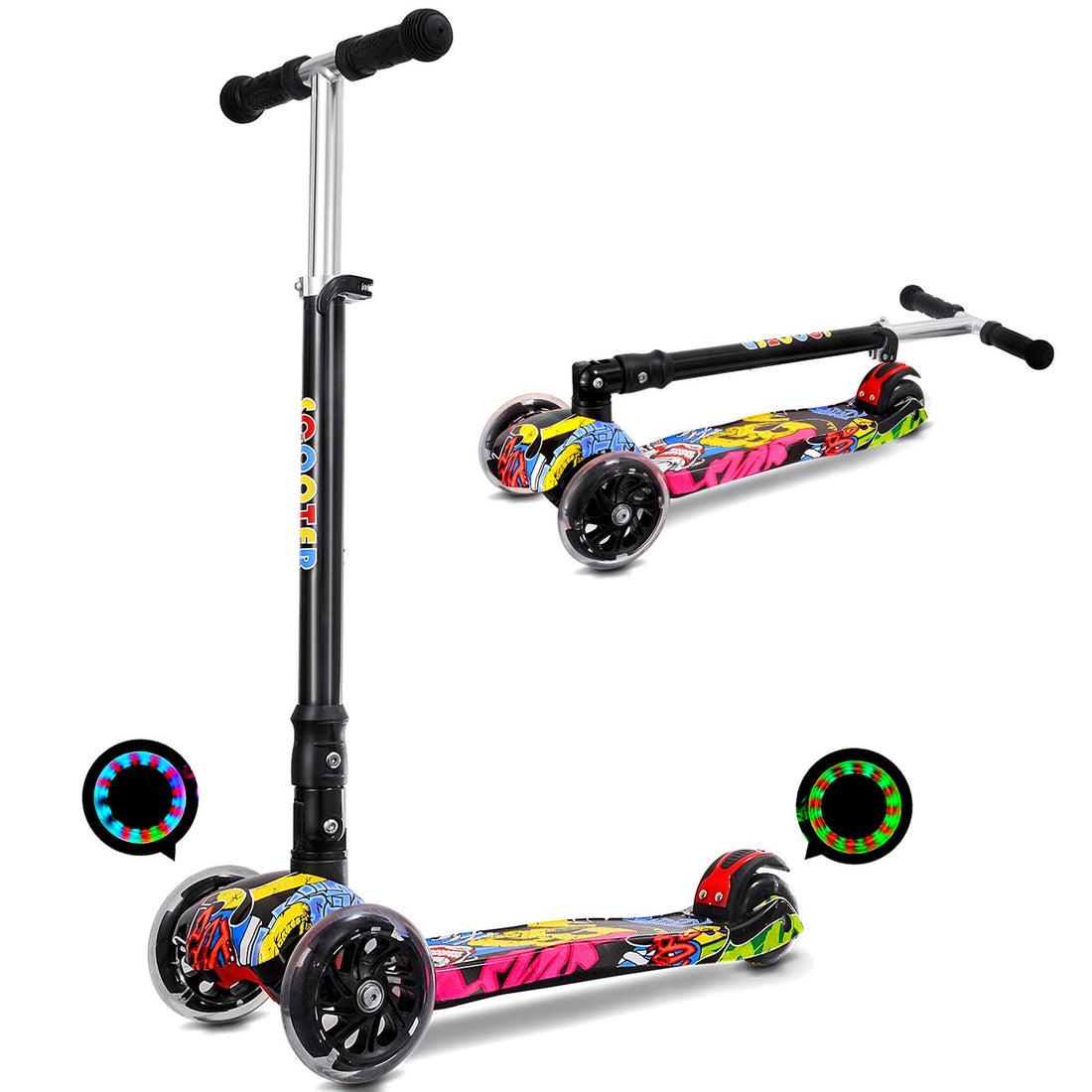 IMMEK Folding Scooter with 3 Wheels PU LED Lights Illuminated for 3 to 12 Years Adjustable Height from 75 to 83 cm Children Toys and Gifts with Rear Brake Maximum Load 50 kg (Graffiti)