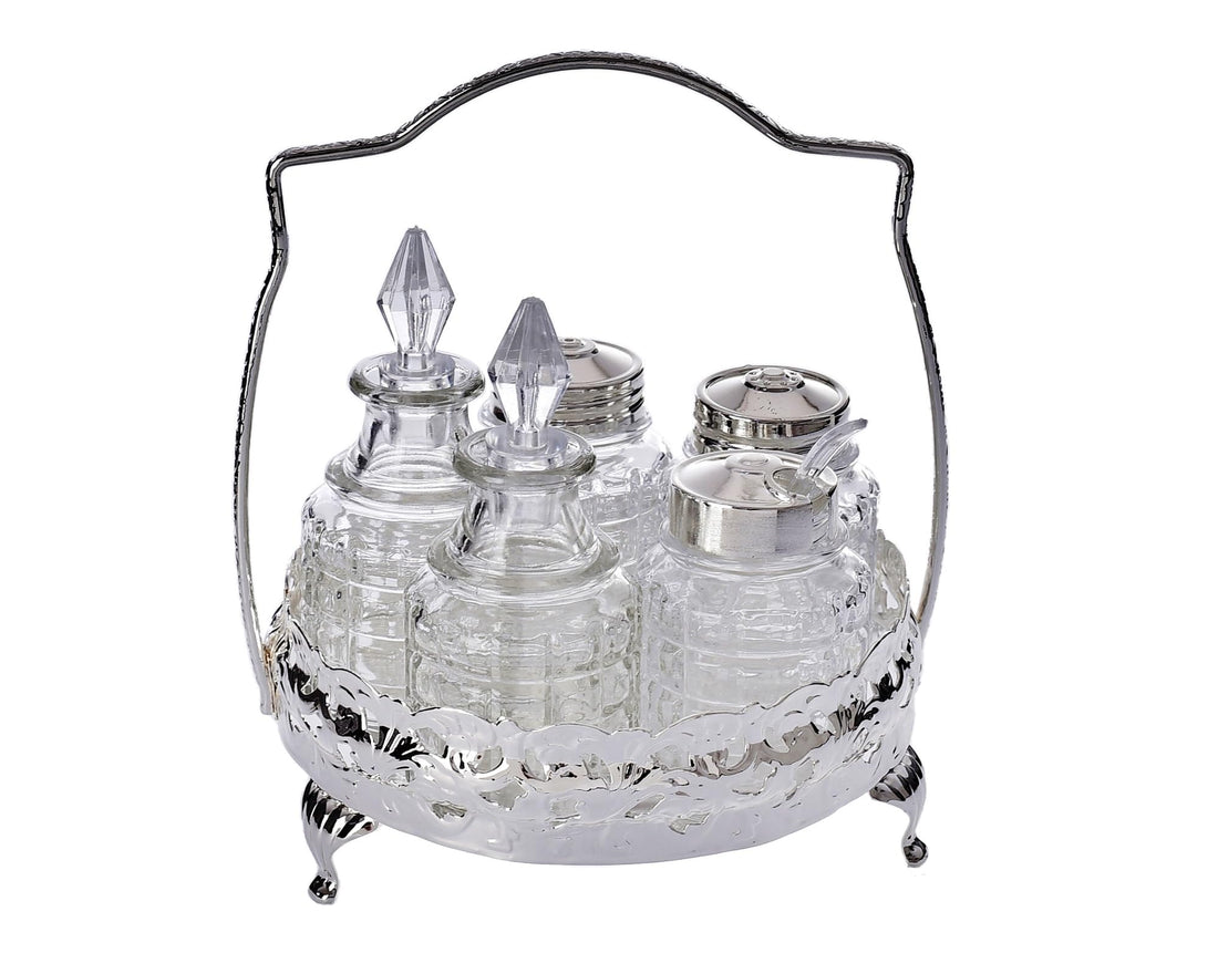Queen Anne silver plated spice set 6 pieces (tray + 2 oil bottles + A jar of salt + a jar of black pepper + a jar of mustard (Royal) 0/4719/7