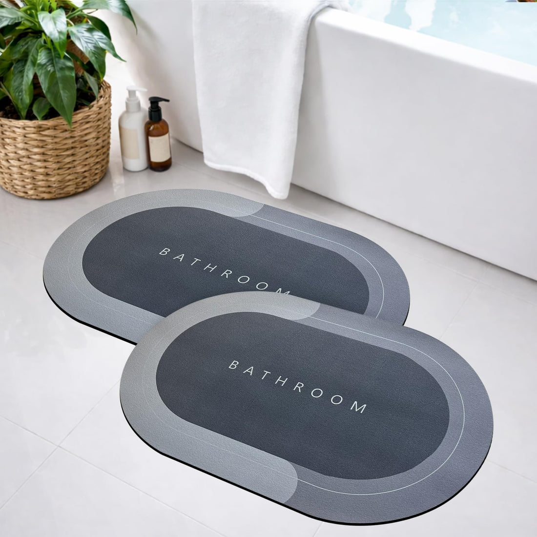 GRISHVA Soft Silicone 3.5 mm Bathroom Mat Water Soaking Diatomite Door Mat Anti-Slip Bath Mat Quick Drying Absorbent Mat for Home and Kitchen (40 x 60 cm) Grey - Pack of 2