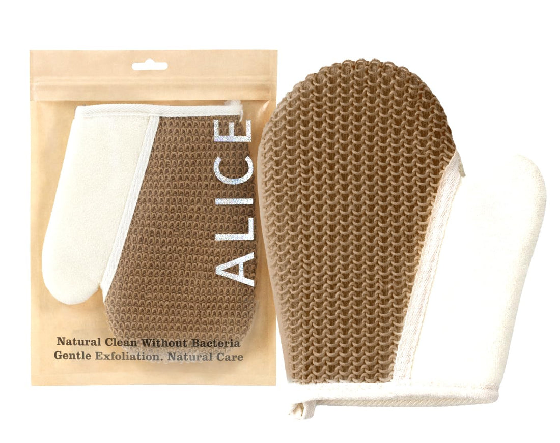 Alice - Exfoliating Bath Glove, Natural Body Scrub Mitt For Shower, Gentle Skin Exfoliation, Deep Cleansing, Antibacterial Design, Single Glove With One Sided Exfoliating Surface (Brown)