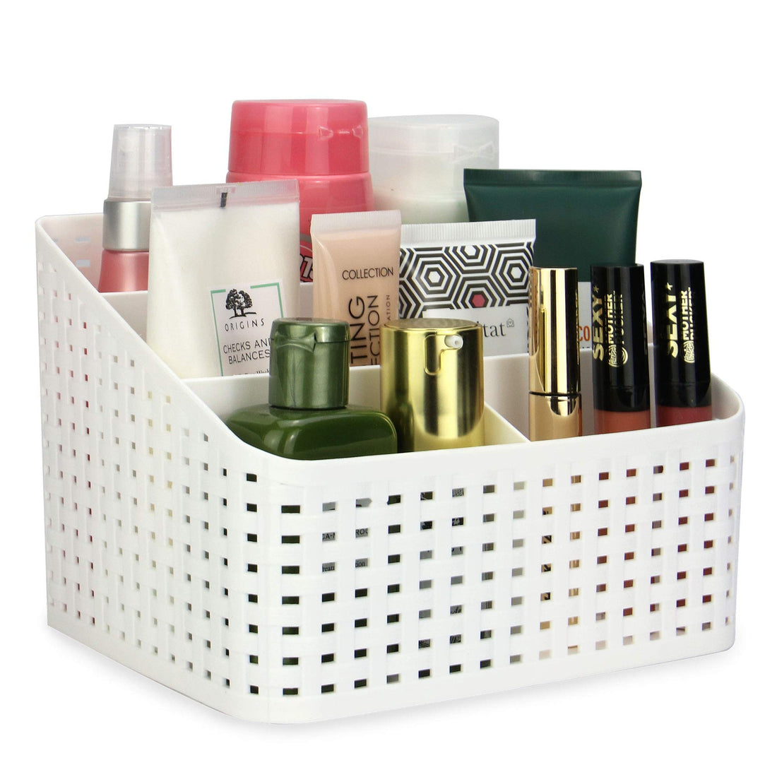 Cosmetic Storage Box | 5 Compartments Toiletry Organiser | Plastic Makeup Basket | Dressing Table Organiser | Sink Tidy | Home Storage | Pukkr