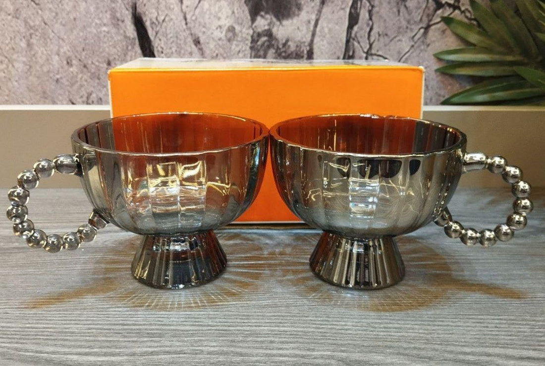 Generic Decorative Glass Ice Cream Bowls with Beaded Handles, Set of 2, Metallic Silver .db