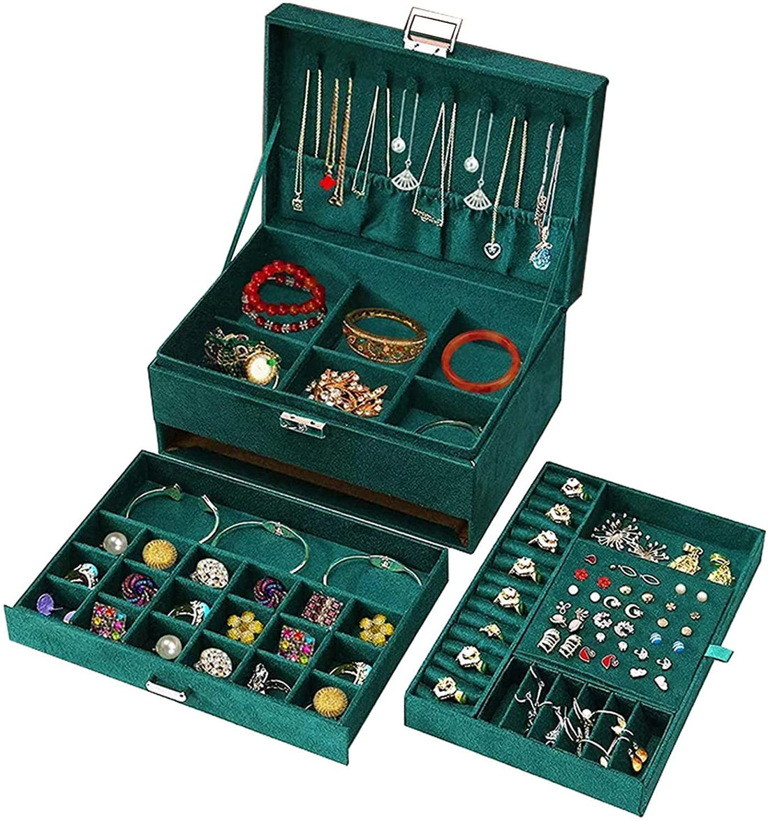 Jewelry Box Makeup Cosmetic Case, Jewelry Organizer for Women 3-Layer Jewelry Box Organize Jewelry Box with Lock Jewelry Holder for Necklace Earrings Bracelets Rings Watches(Green-3 Layer)