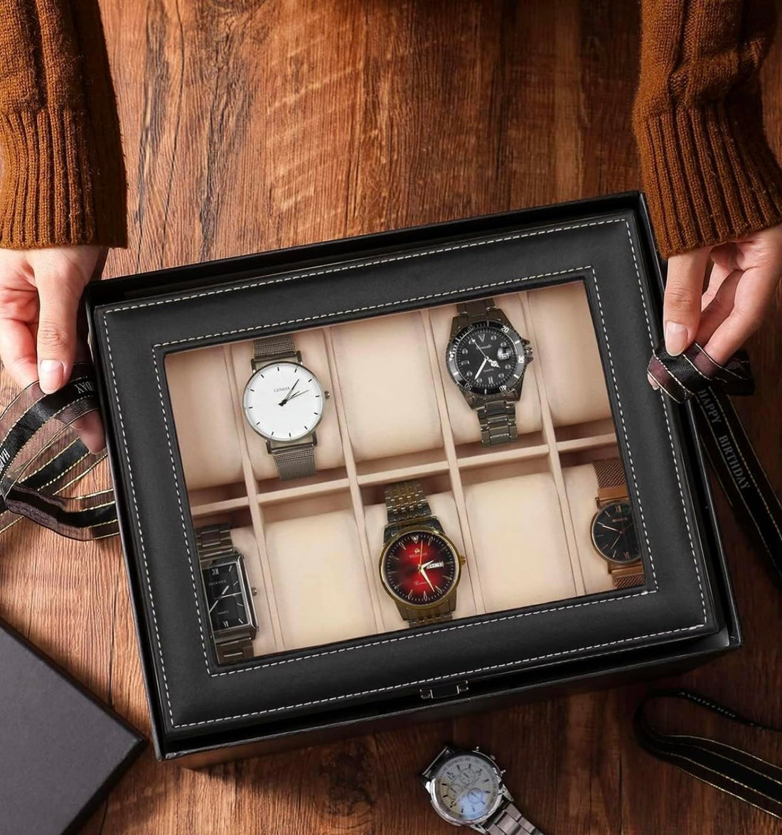 Downtown 10 Slot Leather Watch and Bracelet Display Box, Black Jewelry Organiser with Glass Top for Men and Women, High-Quality Timepiece Storage Case with Removable Soft Pillows