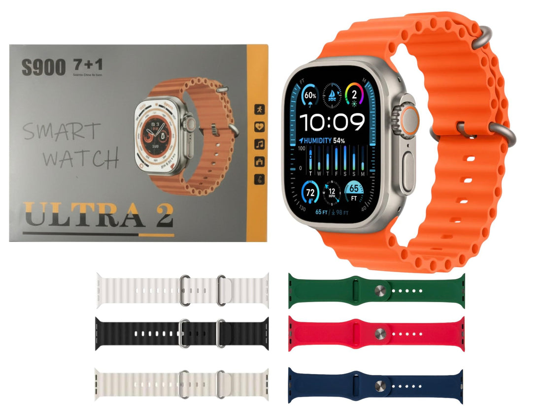 Smart watch 7 In 1 with Heart Rate Monitor,ِAMOLED Display, Multi-Sport Modes, Compatible with IOS & Android, Support Arabic Not Revers, NFC, 7 different silicone Bands (S900 Gold)