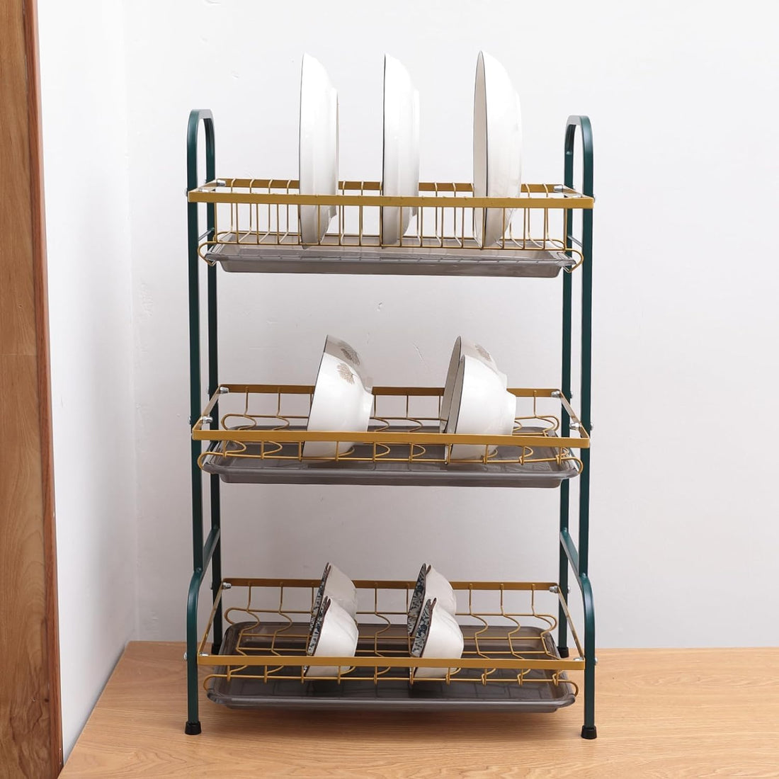 HAPPY HOME 3-Layer Dish Drying Rack|Storage Rack for Kitchen Counter|Drainboard & Cutting Board Holder|Premium Utensils Basket (Dark Green & Gold)