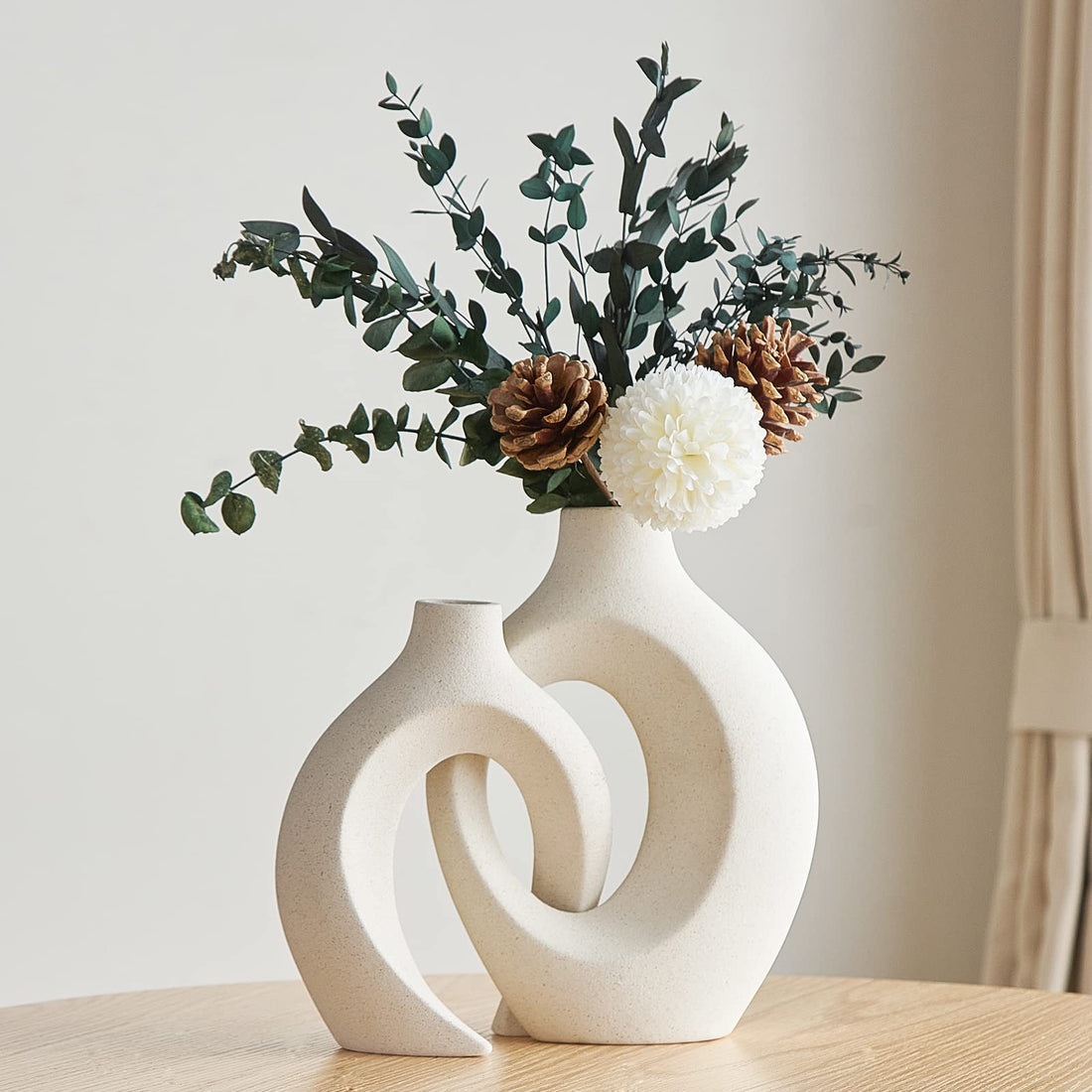 AWNR White Ceramic Vase Set of 2 for Modern Home Decor, Round Boho Donut Pampas Grass, Neutral Minimalist Dining Room Table Centerpiece Room, Living Wedding Decoration