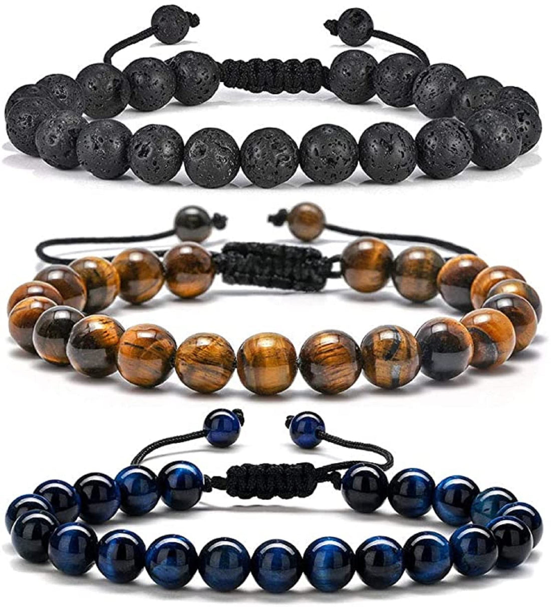 Tiger Eye Mens Bracelet - 8mm Lava Rock Stone Anxiety Stress Relief Adjustable Aromatherapy Essential Oil Diffuser Bracelet Gifts for Men