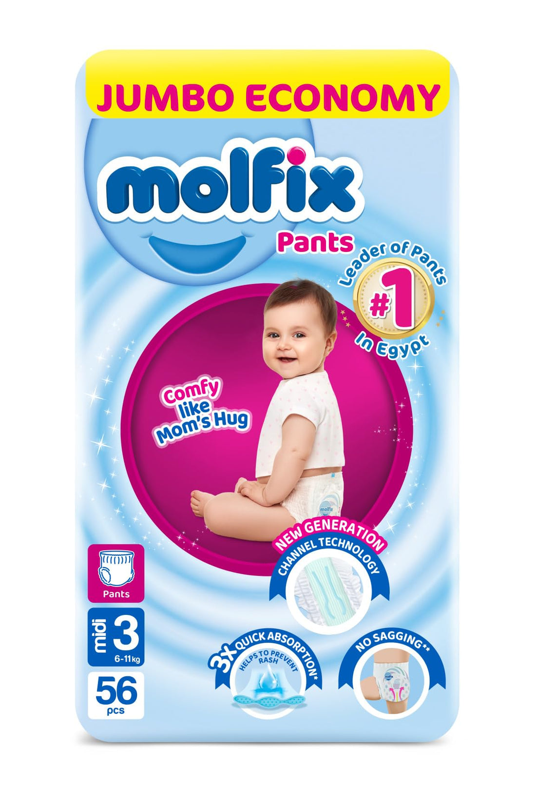 Molfix Baby Diaper Pants Size 3, Jumbo Pack, 6-11 KG, 56 Units, Molfix Pants Diapers, Size 3, 6-11KG, Jumbo Pack, 56 Count, Cotton Material