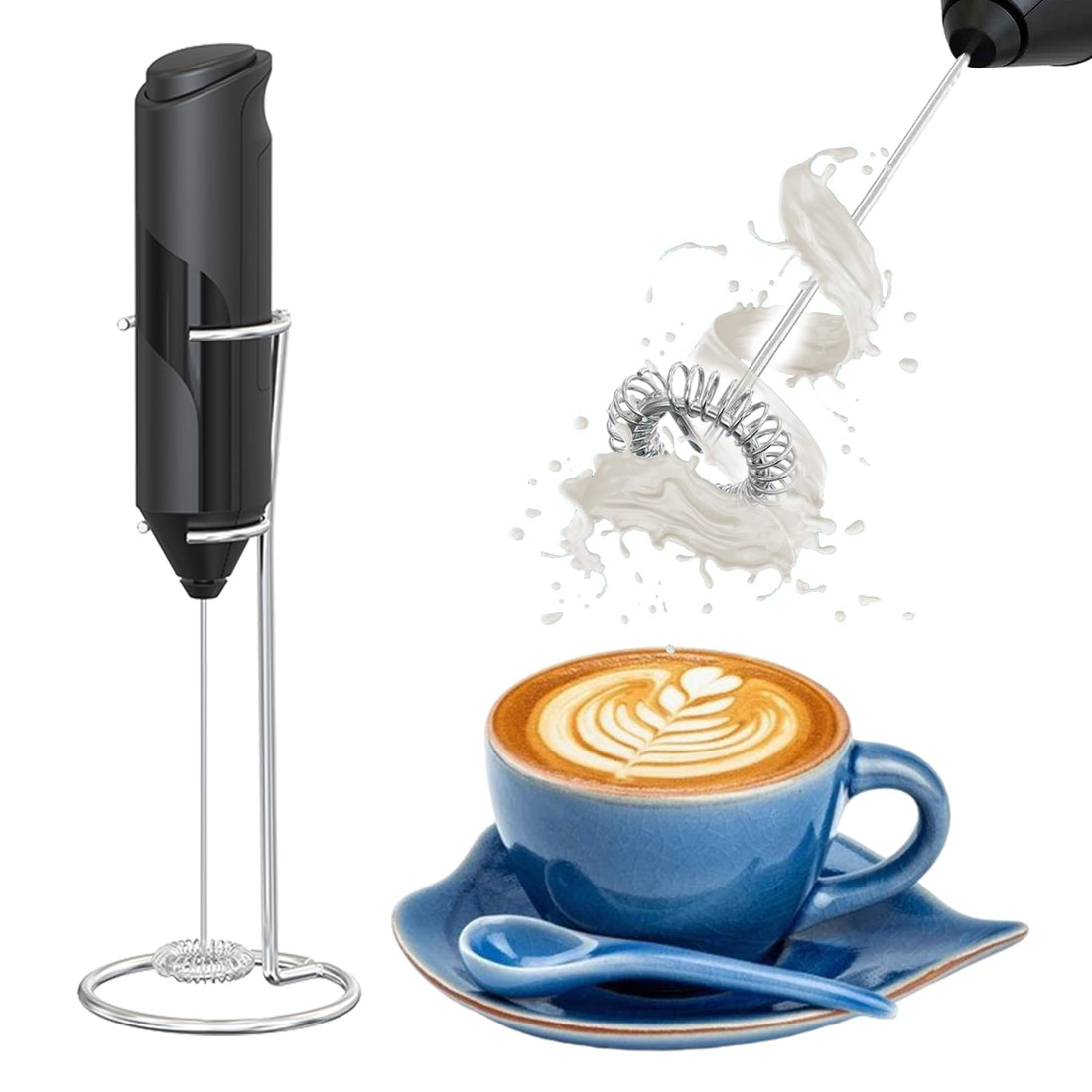 Milk Frother Handheld Battery Operated (Not included)- Stainless Steel Stand for Kitchen Coffee Bar - Electric Whisk Hand Blender Mixer for Latte Cappuccino Frappe Egg Protein Powder - Stand Mixer