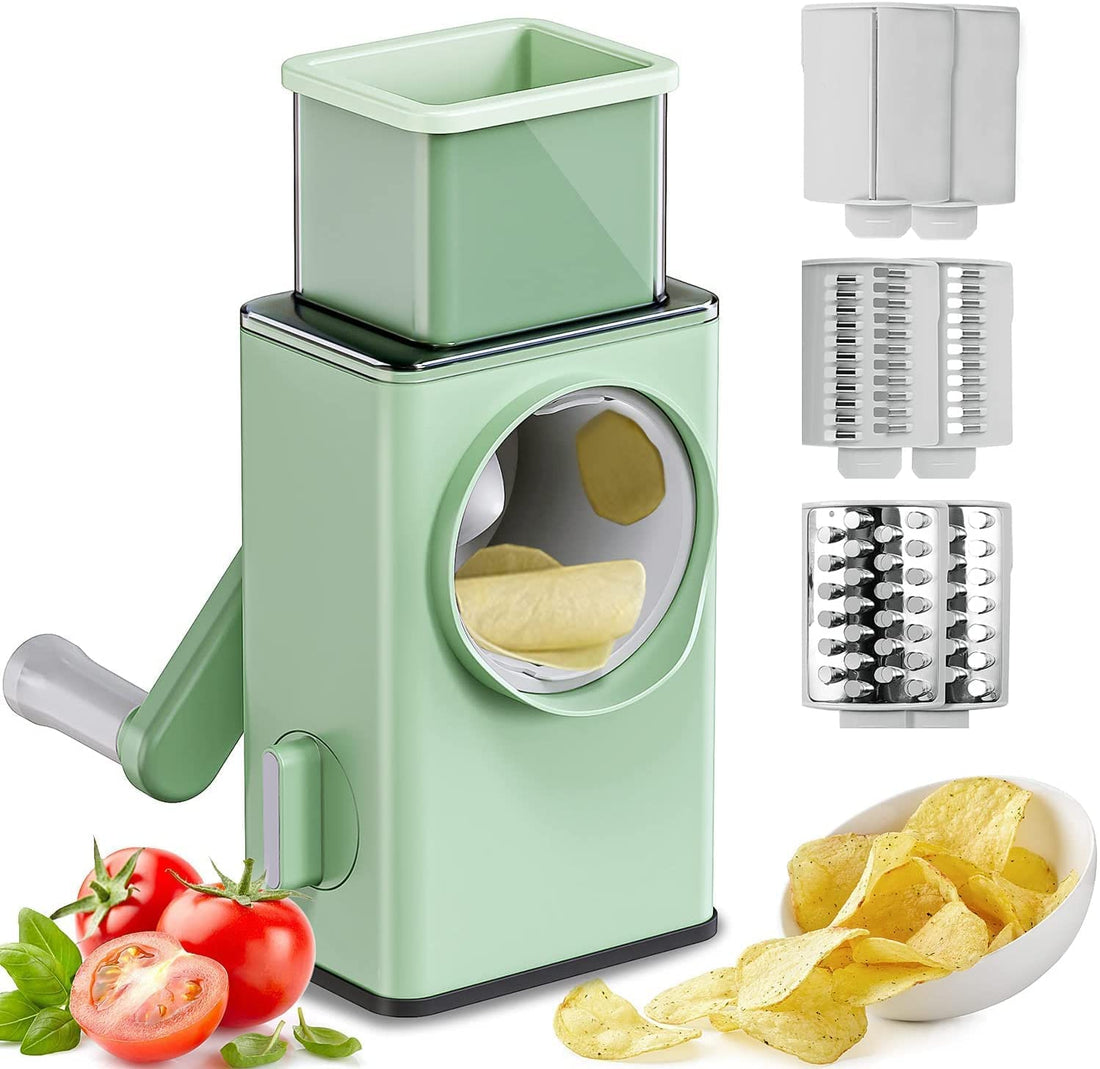 JUGTE Manual Multifunctional Vegetable Cutter Cheese Grater with Handle and Suction Base Round Mandolin Slicer 3 in 1 Interchangeable Blades Grater Slicer for Kitchen Salad Maker Chopper