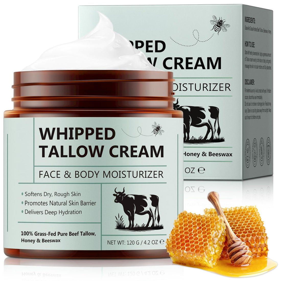 Beef Tallow for Skin Care 120 g, Tallow and Honey Balm, Tallow Face Cream, Tallow Face Moisturizer, Organic Grass-Fed Whipped Tallow Balm with Raw Honey, Deep Hydration for Face & Body