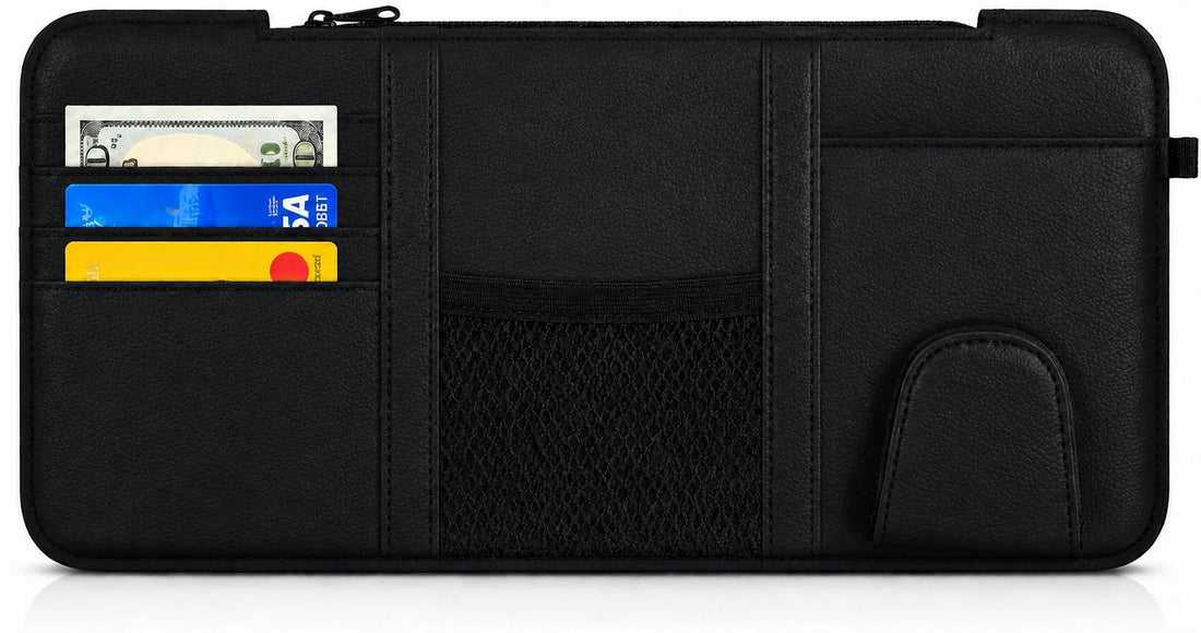 Leather Car Visor Organizer – PU Leather Sun Visor Storage with Card Slots, Mesh Pocket, Magnetic Sunglasses Clip, and Pen Holder – Universal Fit for Cars and SUV (Black)