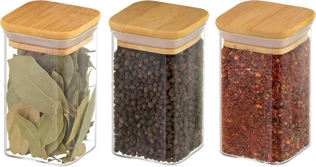 Glass Spice Jars with Bamboo Lid Airtight Square Glass Containers for Seasoning Herbs Storage Empty Kitchen Jars for Pantry 250ml 3 Pcs