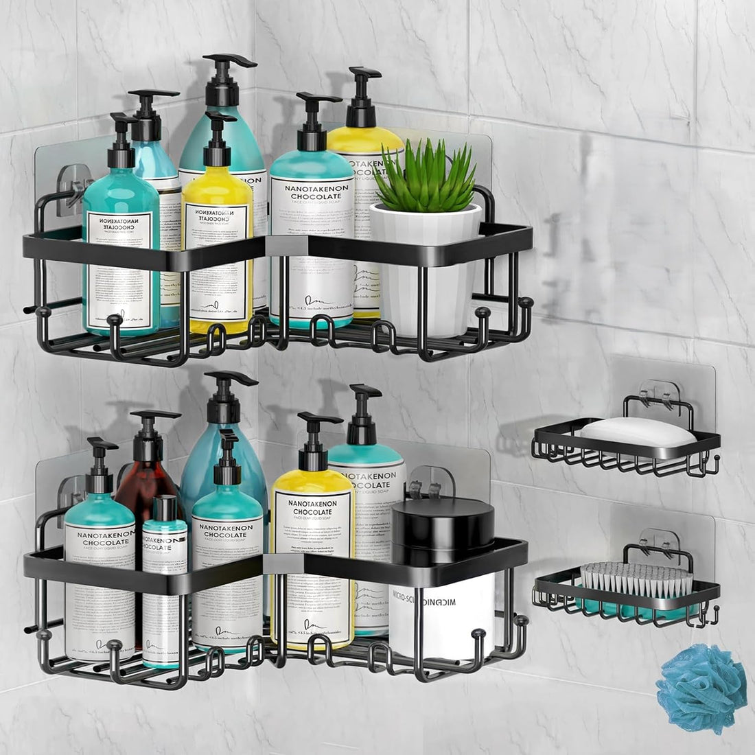 Corner Shower Caddy 5 Pack, Large Capacity Shower Organizer, Upgraded Stronger Adhesive Shower Shelf for Inside Shower, Rustproof Stainless Steel Shower Shelves with 8 Hooks, Black