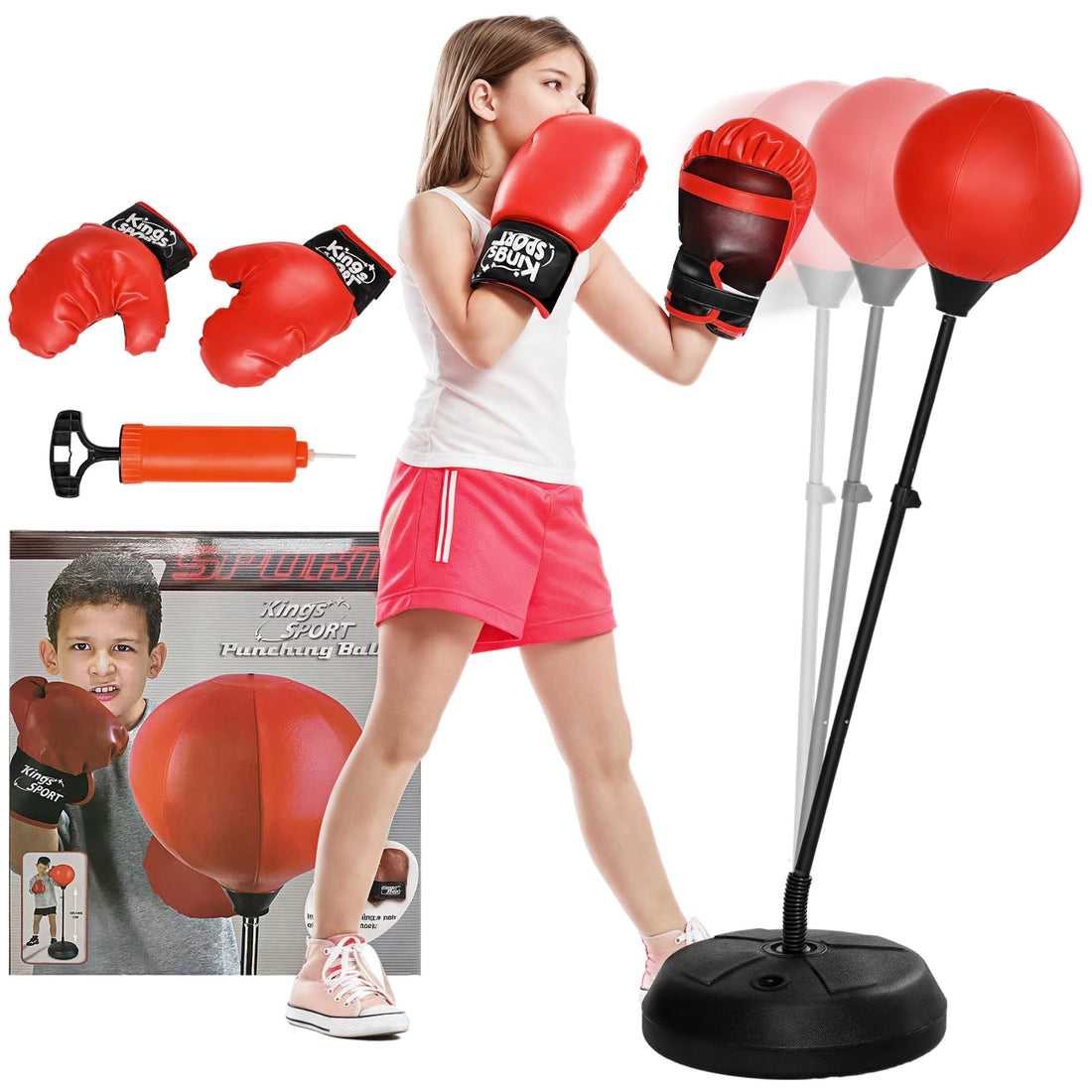 Qaba Punching Bag for Kids, Punching Bag with Stand for 5-10 Year Old, Adjustable Kids Boxing Bag with Boxing Gloves, Boxing Set, Sports Toy for Boys & Girls