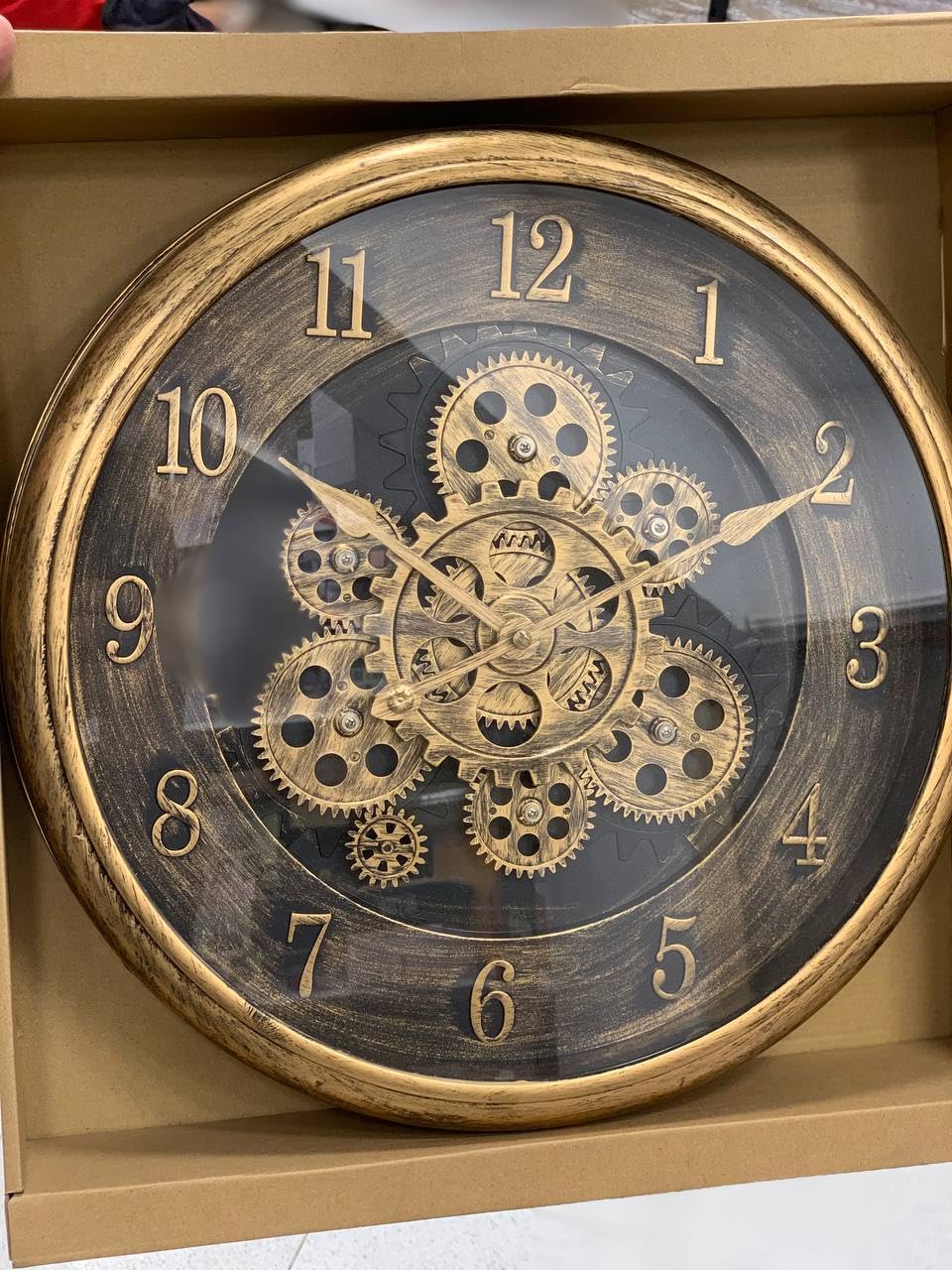 Vintage-Style Wall Clock with Exposed Gear Mechanism, 30 cm Diameter, Antique Gold and Grey
