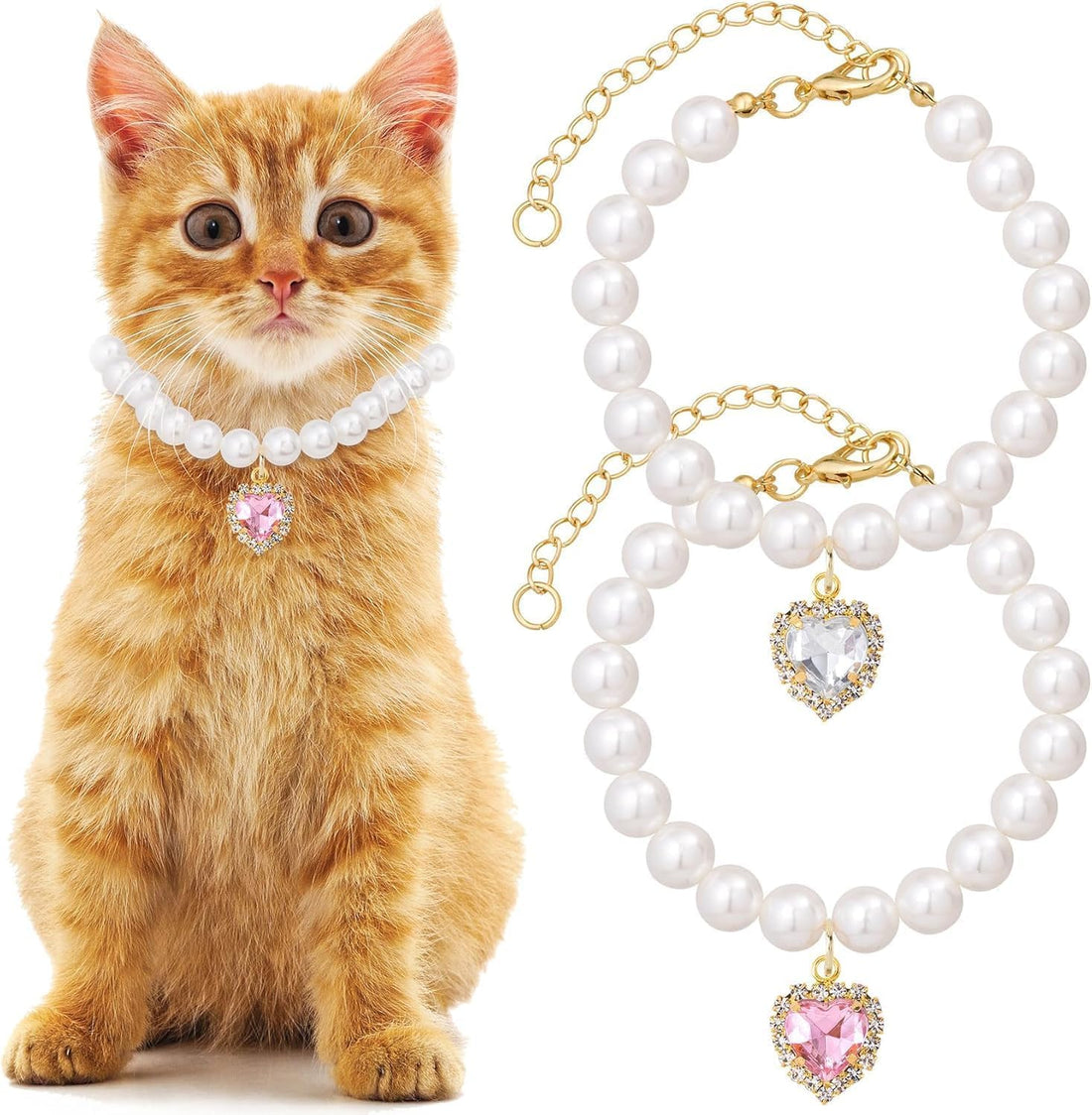 fashion mania 2pcs Cat Dog Pearl Collar,Adjustable Small Cat Necklaces with Heart Shape Rhinestone- White & Pink