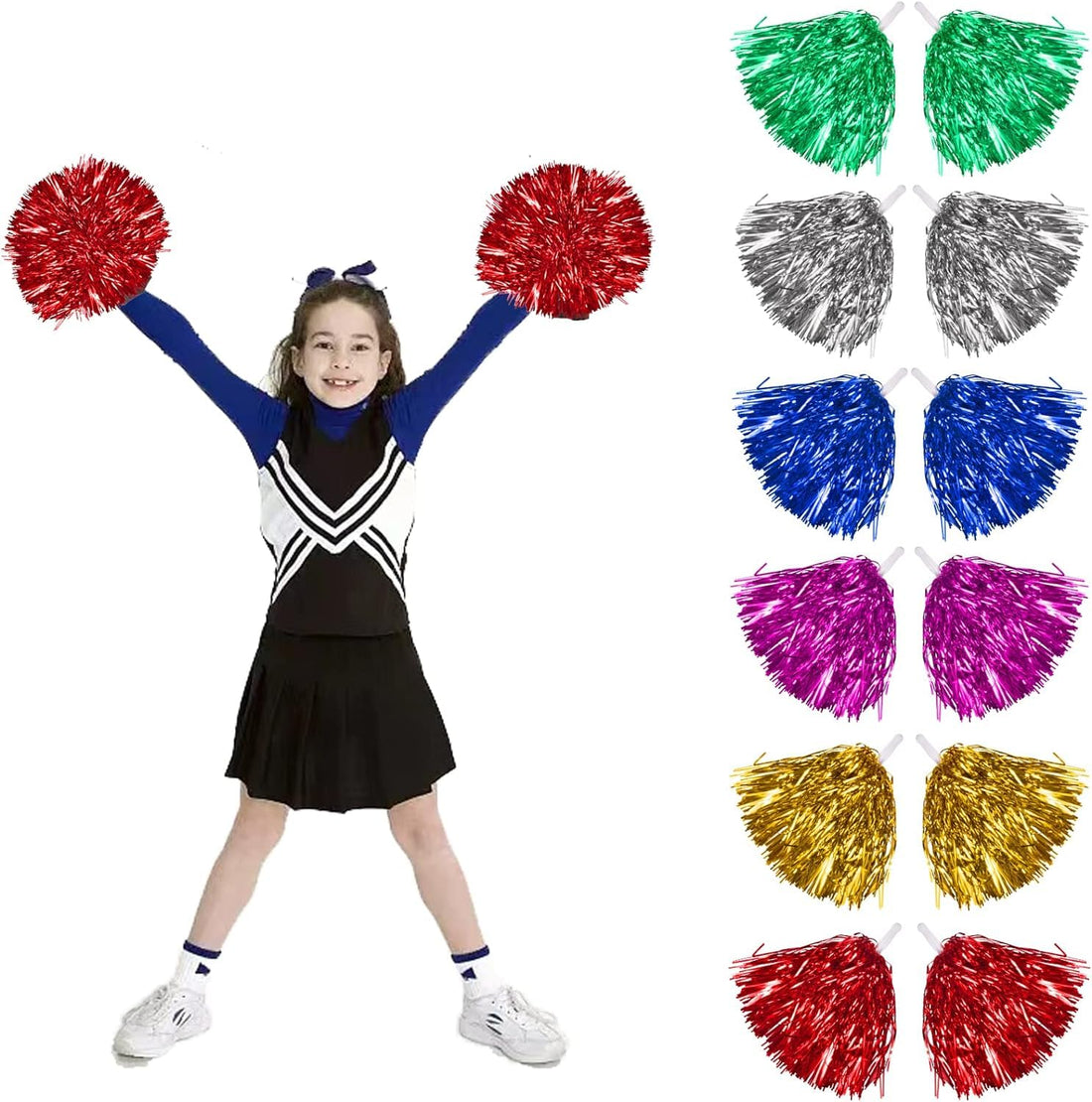 Newtic Cheerleader Pompoms, Pack of 12, Gold, Silver, Blue, Rose, Green, Red, Metal Foil, Cheerleading Pompoms with Handles, Cheer Poms for Ball Games, Dances, Carnival Parties