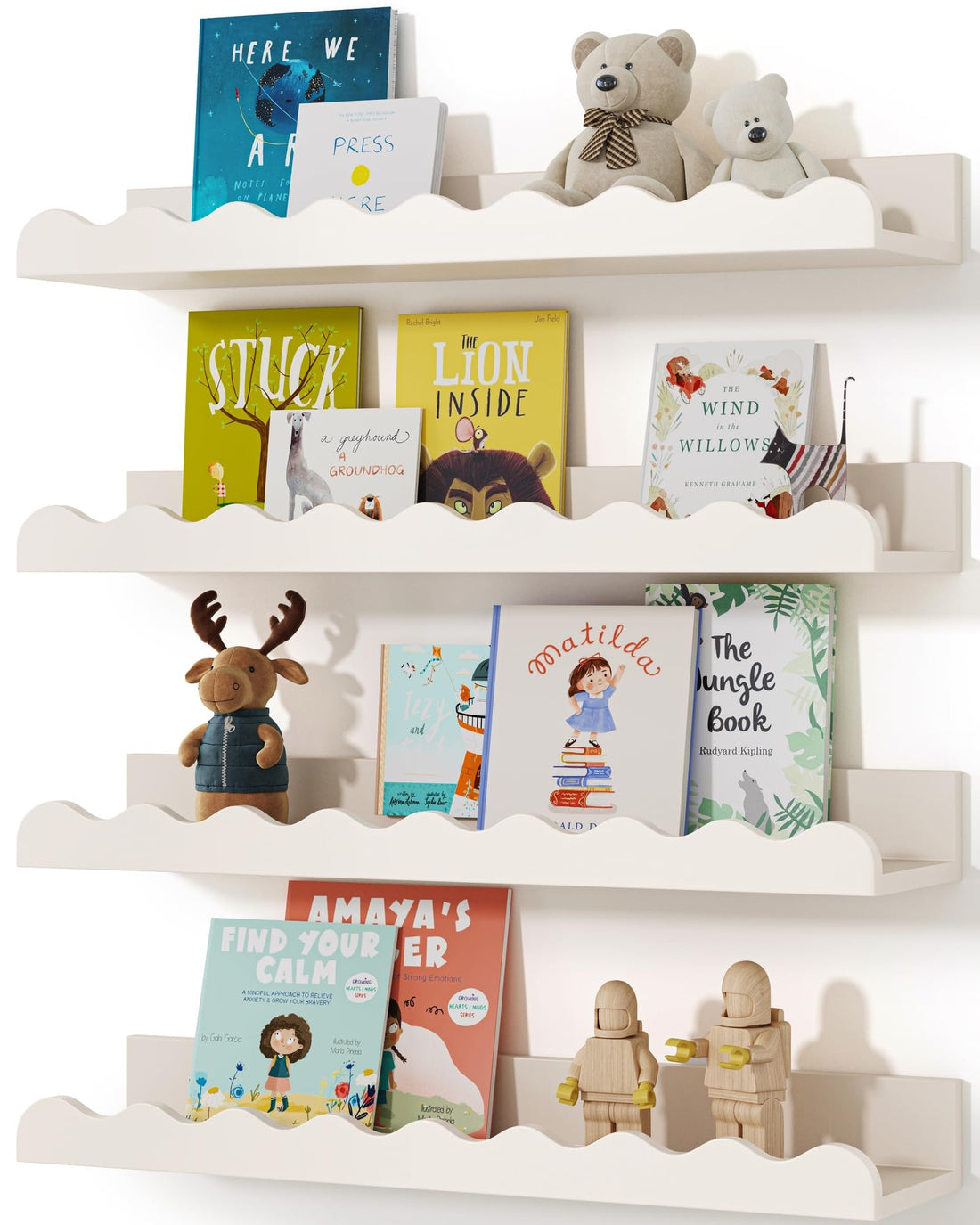 Kids' Bookshelf Set of 4 - White Floating Nursery Book Shelves, Picture Ledge Shelf for Wall Decor and Storage - Perfect for Books, Toys, Photo Frames, and Nursery Décor