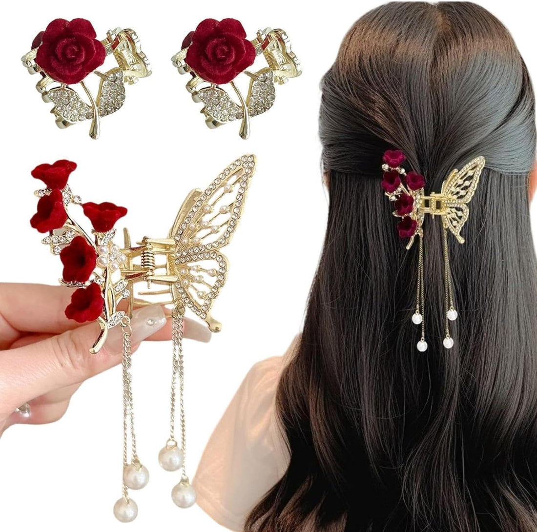Bridal Clip - Exquisite butterfly hair claw with red rose flowers, gold tone, rhinestone embellishments, and pearl tassel, adding elegance to any wedding style.