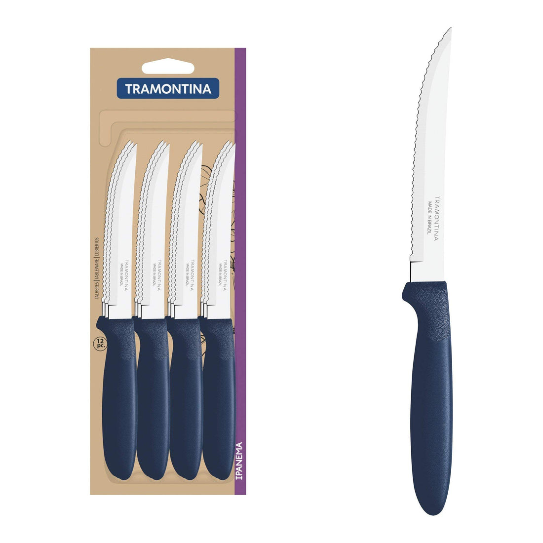 TRAMONTINA Set, Premium Set Designed for Everyday Use (Ipanema, Steak Knife Set, 12-Piece, Polypropylene, Blue, Various Sizes, Serrated Finish, 12 Steak Knives)