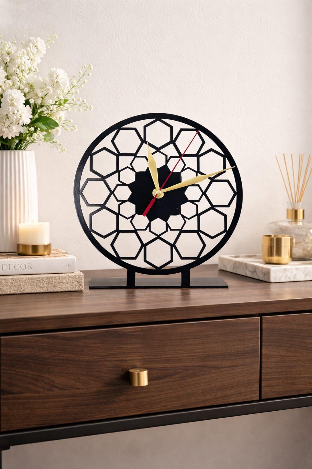 Geometric desk clock with stand, white metal frame, hexagonal design, multi-color (color 3)