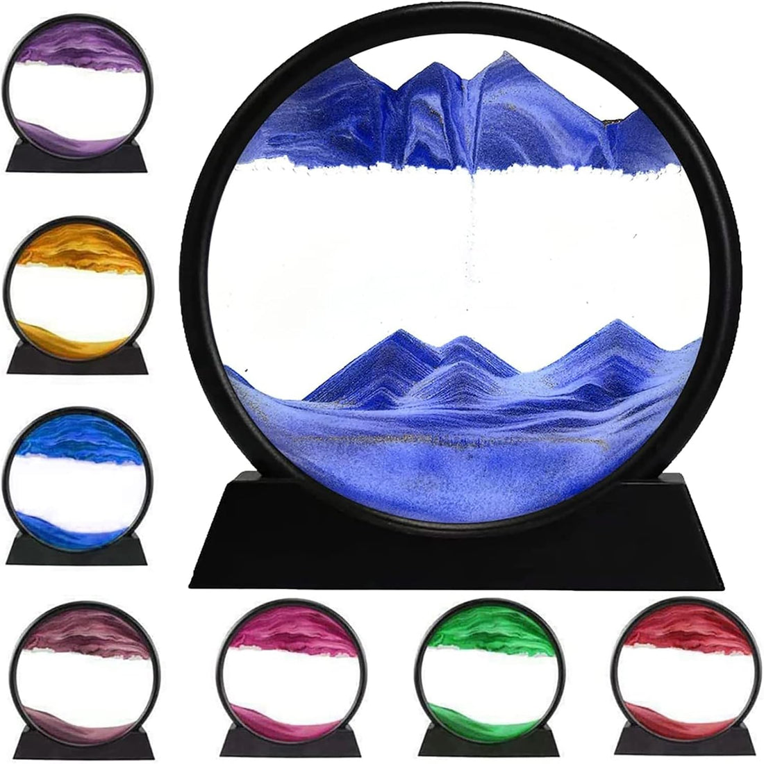 KIDSZONE 3D Dynamic Sand Art Liquid Motion, Moving Sand Art Picture Round Glass 3D Deep Sea Sandscape in Motion Display Flowing Sand Frame Relaxing Desktop Home Office Work Decor (Black Frame Blue)