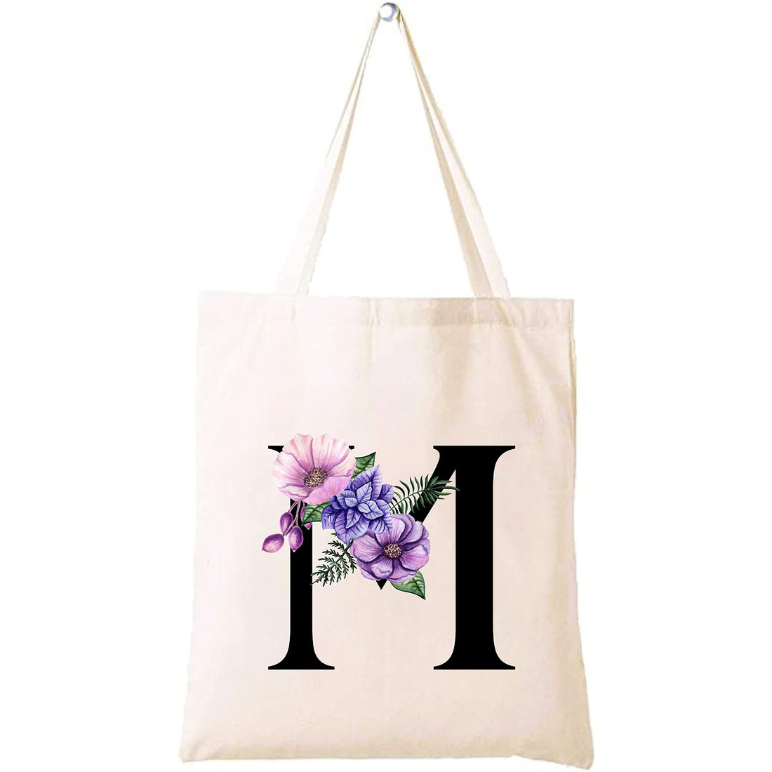 Eco-Friendly Canvas Cotton Tote Bag with Floral Design on Initial Letters Printed Bridesmaids Bags for Women- Reusable Shopping Bag, Party Gift Idea and Cotton Gift Bag