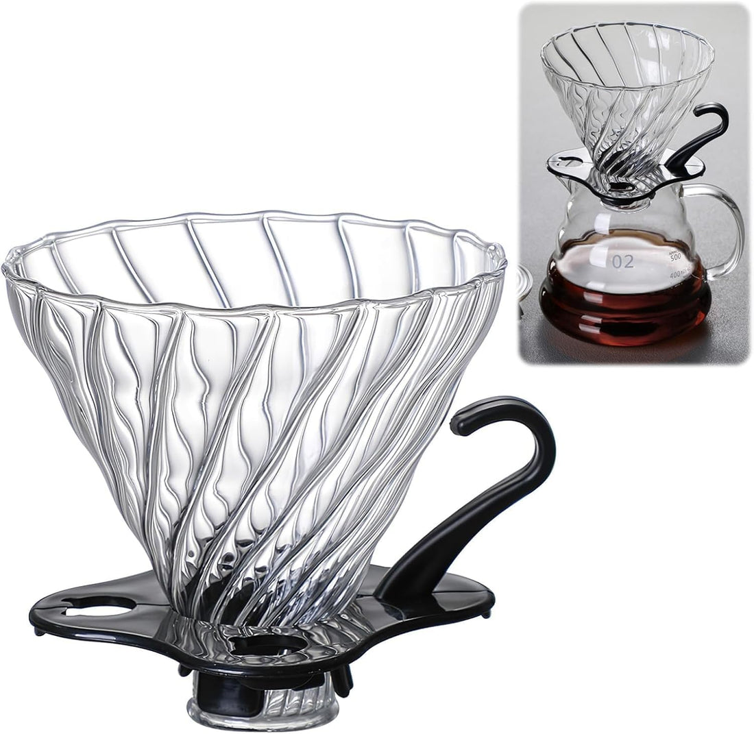 Oreutkd V60 Pour Over Coffee Maker, 1-4 Cups Pour Over Coffee Dripper, Glass Clever Dripper of Coffee Filter, Coffee Pour Over for Home, Cafe, Black, Middle, Transparent