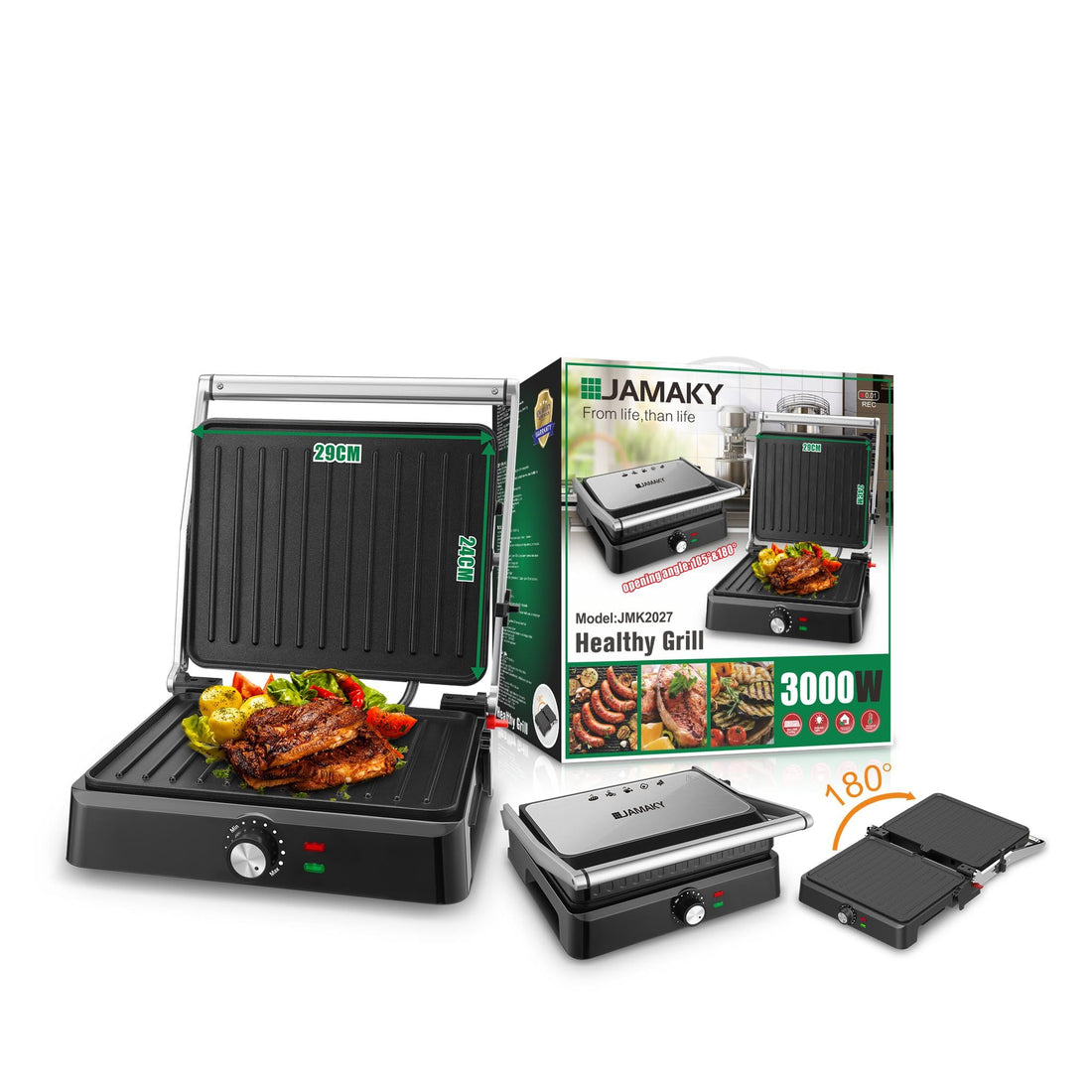Jamaki Electric Healthy Grill, 3000W Non-Stick Plates with Adjustable Temperature, Timer, 3 Grill Modes for Panini, Burger, Sandwich, Pizza, Steak, Chicken, Fish, Vegetables jmk2027