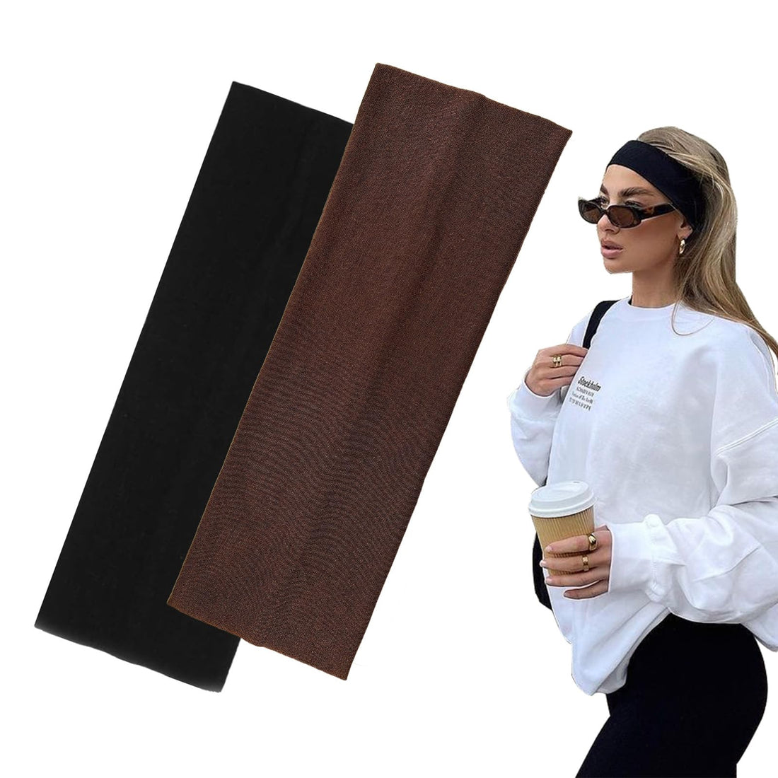 7cm Wide Black Headbands for Women Men, Yedtreg 2pack Fashion Head Bands for Women's Hair, Soft Fabric Stretchy Hair Bands for Makeup, Yoga, Running, Sports