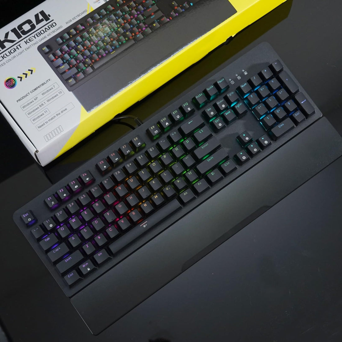 AK104 RGB Gaming Mechanical Keyboard With Wrist Rest – Hot Swap Blue Switch – RGB Luminous – Durable & Detachable wrist rest – USB Wired – 104 English Key- for Windows PC Gamers | Black