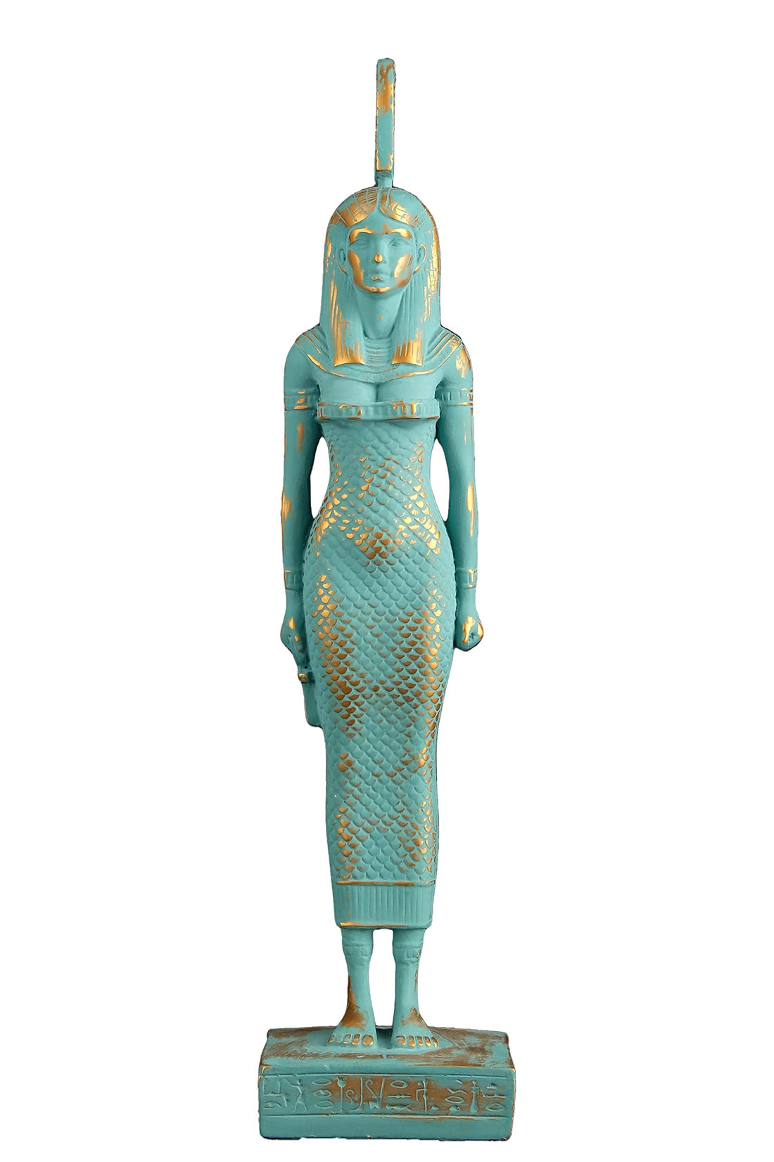 Unique ancient Egyptian statue of Goddess Ma’at with green color and gold antique color made in Egypt. Ma'at was the goddess of harmony and Justice