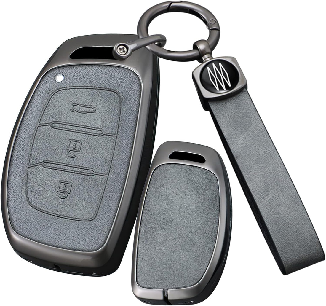 Metal Car Key Cover in Leather with Medallion – Compatible with Hyundai Tucson Elantra Sonata – Stylish Protective Case for Car Accessories