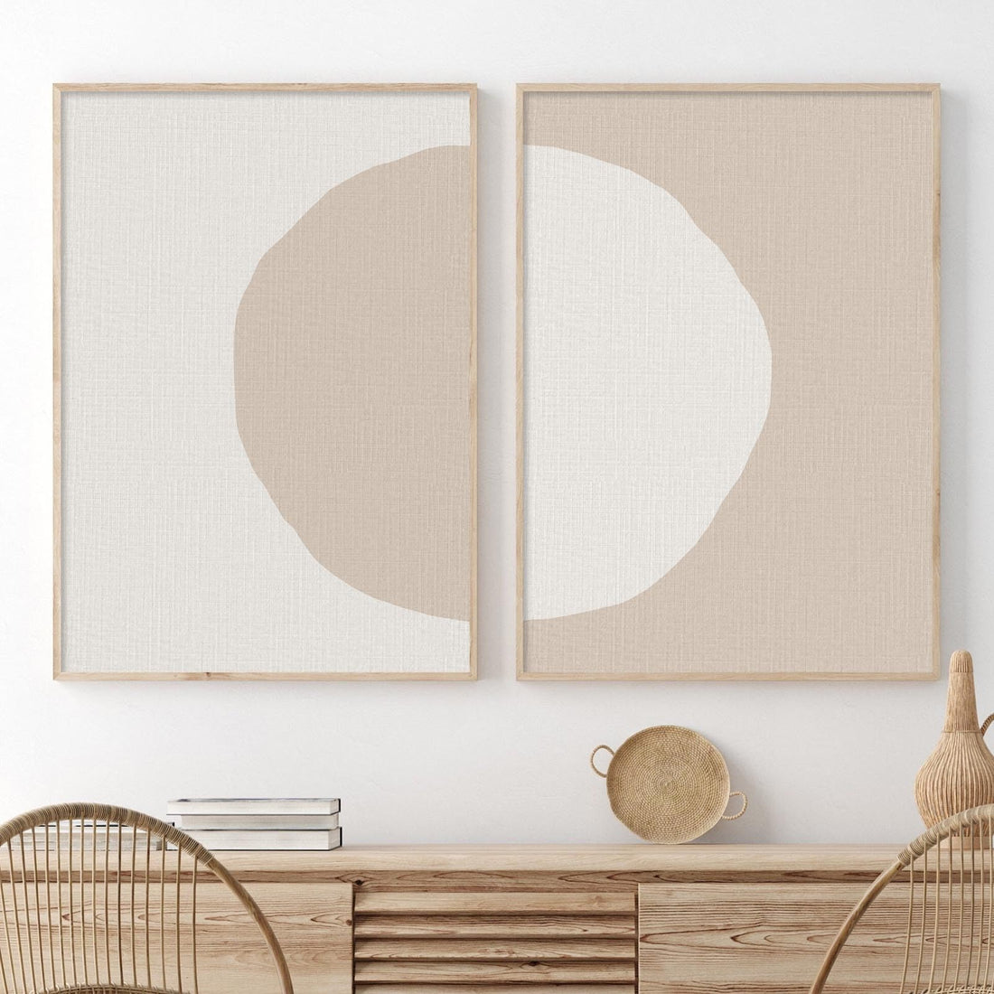 Abstract Boho Wall Art Prints Beige Geometric Artwork Mid Century Modern Painting Boho Beige Posters Abstract Circle Canvas Wall Art Boho Geometric Posters for Living Room Bedroom 16x24inx2 Frameless