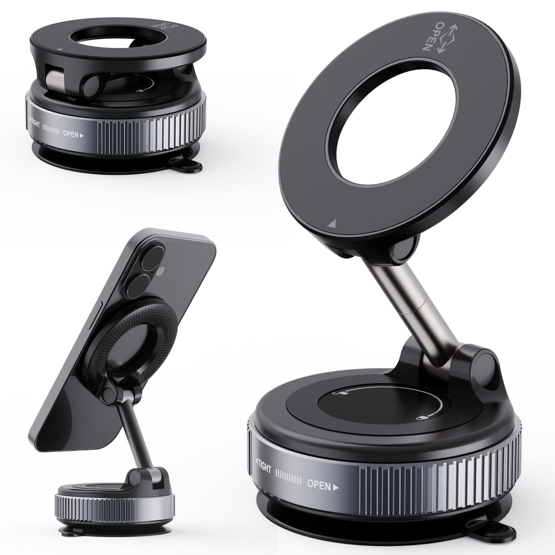 Suction Cup Phone Mount, Vacuum Magnetic Phone Holder for Car, 360° Metal Strut Car Mount for iPhone Magsafe 16 Pro Max Plus/iPhone 15 14 13 12 & Android Case Black
