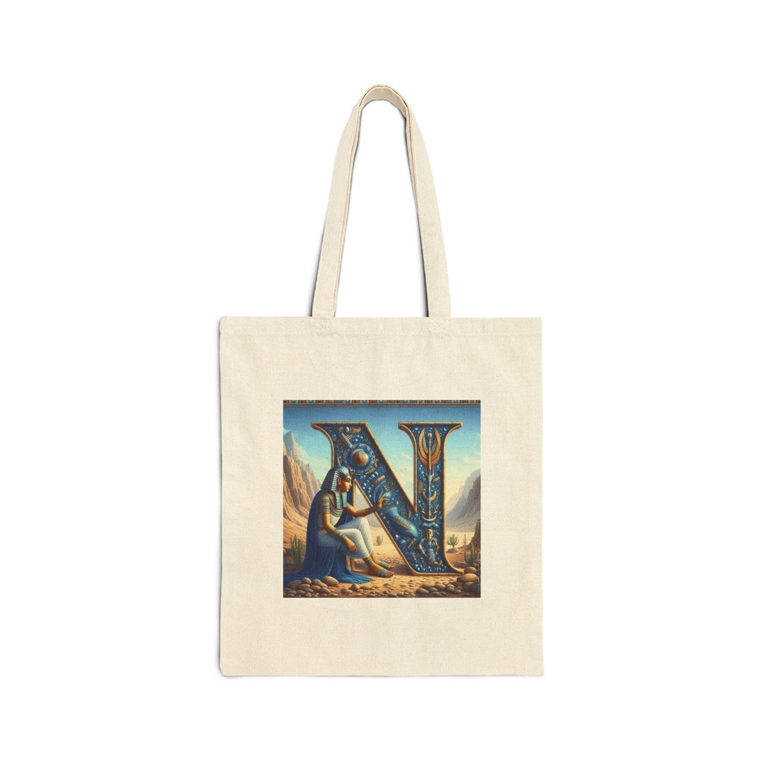 Tote Bag - Canvas Zipper Bag with Pharaoh Letter "N" with Royal Character Sitting in Egyptian Nature - Cotton Shoulder Bag for Name and Heritage Gifts, Cream White Durable and Fashionable.