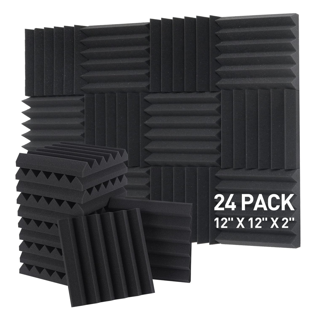 GUERRI 24 Pack Acoustic Foam Panels - 12 x 12 x 2 Inches Wedges Sound Proof Foam Panels for Walls Fire Resistant Studio Foam(Black)